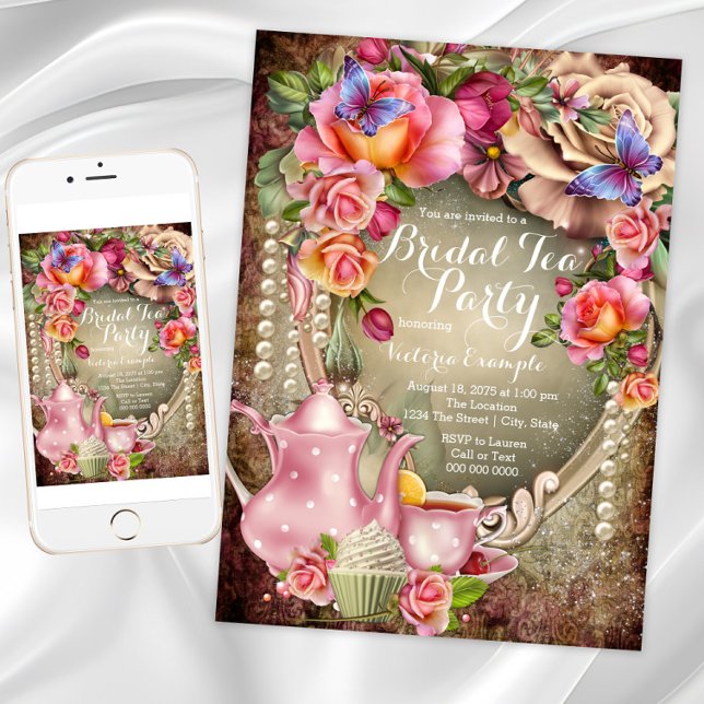 Vintage Rospärl Bröllops Te Party Inbjudningar (Tea party invitation all occasion. Instant download and printed invitations available.)