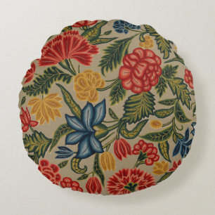 Vintage rött och guldgult broderat blomster mönste rund kudde
