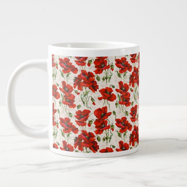 Vintage rött vallmoblommönster Botanisk konst Jumbo Mugg (Vänster)