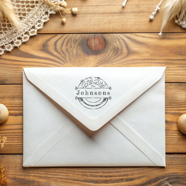 Vintage Round Blommigt Family Namn Returadress Stämpel (Skapare uppladdad)