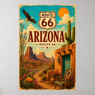 Vintage Route 66 Arizona Öken Kaktus Konst Poster