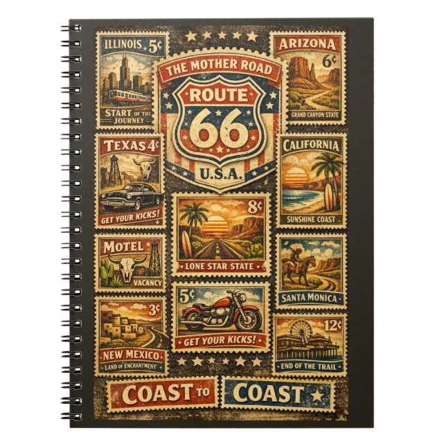 Vintage Route 66 Frimärke Resedagbok Anteckningsbok (Framsidan)