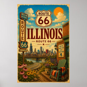 Vintage Route 66 Illinois Chicago Trädgård Resa Poster