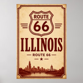 Vintage Route 66 Illinois Stadssiluett Konst Poster