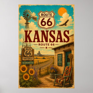 Vintage Route 66 Kansas Solresor Konst Poster