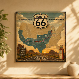 Vintage Route 66-karta Bensin Pump Landskap Poster