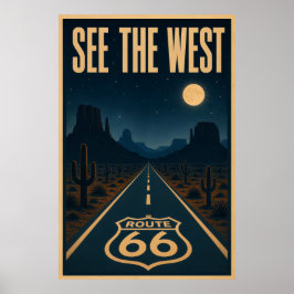 Vintage Route 66 Ökenlandskap Nattlig Vy Poster