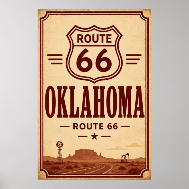 Vintage Route 66 Oklahoma Oljefält Resa Konst Poster (Framsidan)