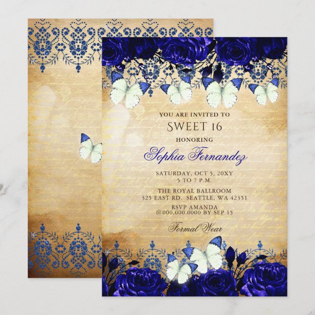 Vintage Royal Blue Blommigt Butterfly Sweet 16 Inbjudningar (Fram/baksida)