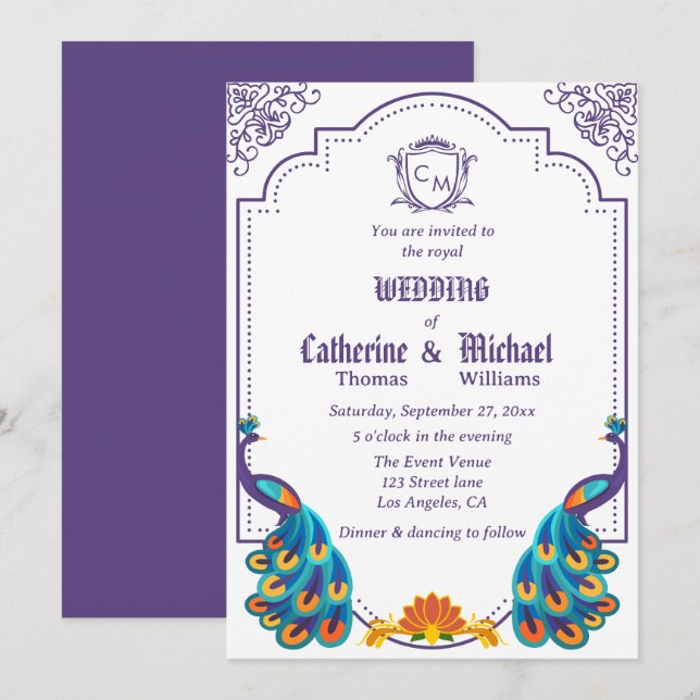 Vintage Royal Bröllop med Namn Monogram Inbjudningar (Fram/baksida)