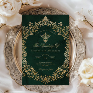 Vintage Royal Emerald Guld Bröllop Inbjudningar