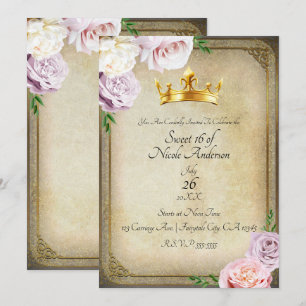 Vintage Royal Guld Kron Floral Söt 16 Födelsedagsf Inbjudningar