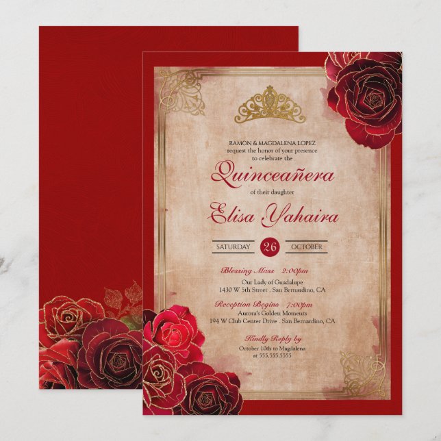 Vintage Ruby Red & Guld Ro Royal Quinceanera Inbjudningar (Fram/baksida)