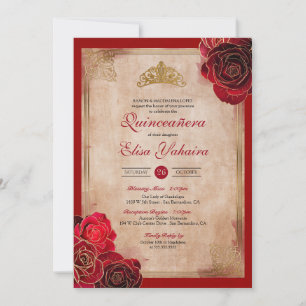 Vintage Ruby Red & Guld Ro Royal Quinceanera Inbjudningar