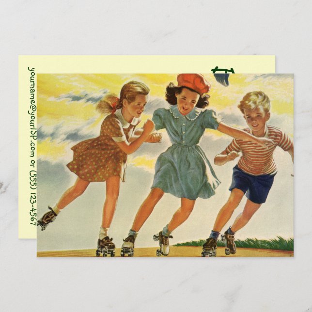 Vintage rullskridskoåkning, barnkalas inbjudningar (Fram/baksida)