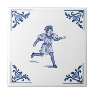 Vintage Running Boy Delft hörn Blått och Vitt Kakelplatta