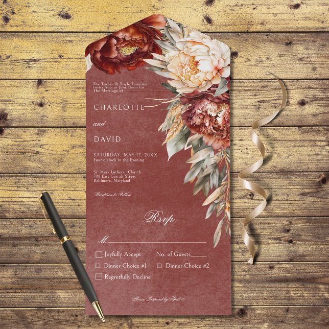 Vintage Rust & Cream Peonies Blommigt Dinner (Also available with a QR code, or without dinner selection options.)