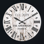 Vintage Rustic Antique Family Namn Roman Numeral Stor Klocka<br><div class="desc">Den här vackra, unika, unika personligen med en enda stil har en vintage, en rustik, antika bakgrund med din familj namn och ett år i svart typografi. Anpassa den här klockan genom att lägga till din egen personliga familjeinformation. Gör ett underbart bröllop, en årsdag eller en gåva till husuppvärmningen. Klicka...</div>