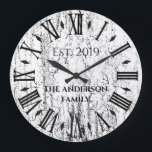 Vintage Rustic Antique Family Namn Roman Numeral Stor Klocka<br><div class="desc">Den här vackra, unika, unika personligen med en enda stil har en vintage, en rustik, antika bakgrund med din familj namn och ett år i svart typografi. Anpassa den här klockan genom att lägga till din egen personliga familjeinformation. Gör ett underbart bröllop, en årsdag eller en gåva till husuppvärmningen. Klicka...</div>