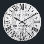 Vintage Rustic Antique Family Namn Roman Numeral Stor Klocka<br><div class="desc">Den här vackra, unika, unika personligen med en enda stil har en vintage, en rustik, antika bakgrund med din familj namn och ett år i svart typografi. Anpassa den här klockan genom att lägga till din egen personliga familjeinformation. Gör ett underbart bröllop, en årsdag eller en gåva till husuppvärmningen. Klicka...</div>