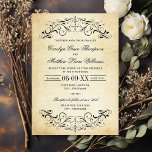 Vintage Rustic Black Flourish Parchment Bröllop Inbjudningar<br><div class="desc">Dekorativa svarta snurrar och flourerar ram den här eleganten vintage typografi bröllopsinbjudan. Den roliga elfenbensbakgrunden skrivs ut med ett texturerat åldras parchment pappert utseende. Anpassa snyggtens anpassningsbar till ceremonin och mottagningen i bröllop.</div>
