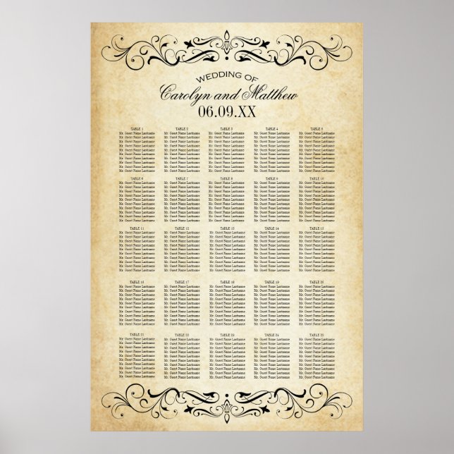 Vintage Rustic Black Flourish Parchment Bröllop Poster (Framsidan)