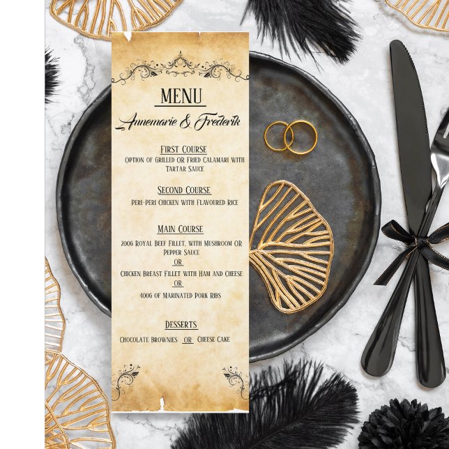 Vintage Rustic Black Flourish Parchment Flat Menu Meny (Skapare uppladdad)
