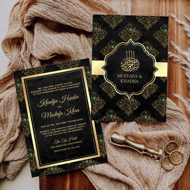 Vintage Rustic Black Guld Damask Muslim Bröllop Inbjudningar (Skapare uppladdad)