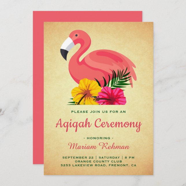 Vintage Rustic Blommigt Flamingo Aqiqah Inbjudningar (Fram/baksida)