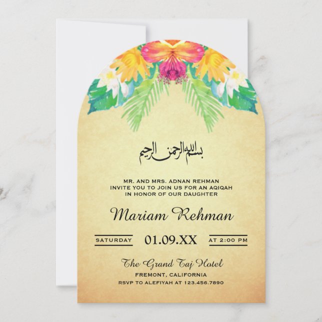Vintage Rustic Blommigt Flicka Aqiqah Inbjudningar (Framsida)