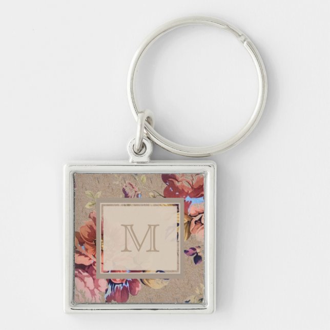 Vintage Rustic Blommigt Monogram Fyrkantig Silverfärgad Nyckelring (Framsidan)