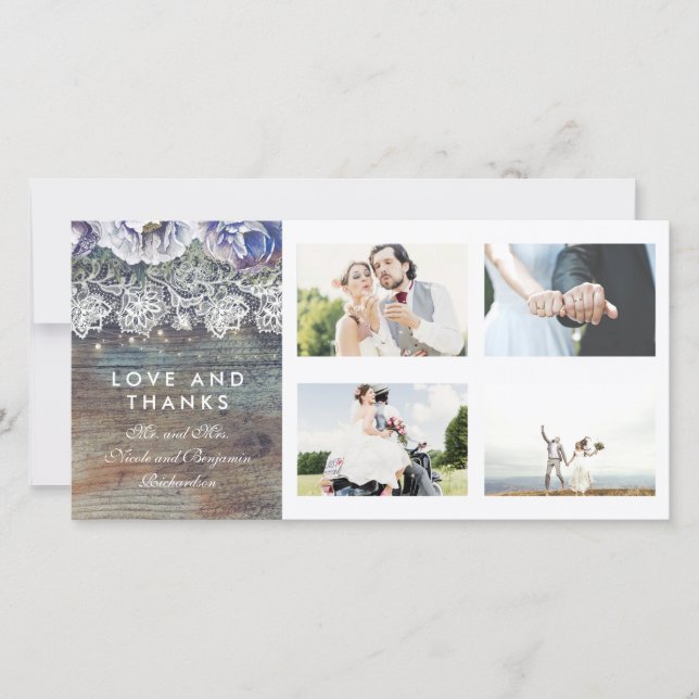 Vintage Rustic Blue Blommigt Bröllop Tack Kort (Framsida)