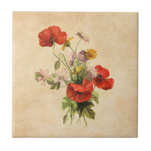 Vintage Rustic Bouquet Red Poppies Vild Flowers Kakelplatta