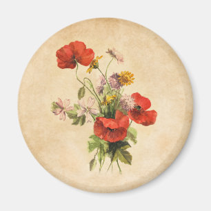 Vintage Rustic Bouquet Red Poppies Vild Flowers Magnet