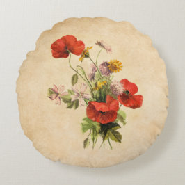 Vintage Rustic Bouquet Red Poppies Vild Flowers Rund Kudde