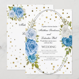 Vintage Rustic Bröllop Blåa blommor guld stjärnor Inbjudningar