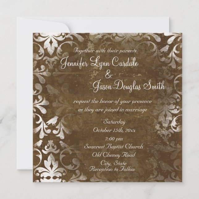 Vintage Rustic Brown Damask Wedding Inbjudningar (Framsida)