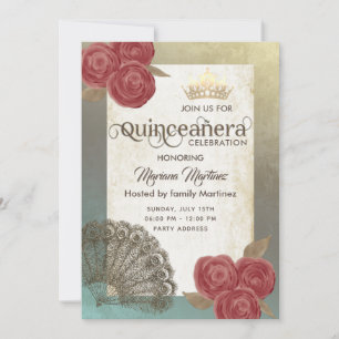 Vintage Rustic chic hand fläkt ro tiara Quince Inbjudningar