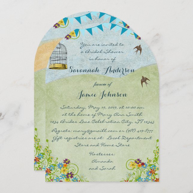 Vintage Rustic Chic Möhippa Birdcage Bunting Inbjudningar (Fram/baksida)