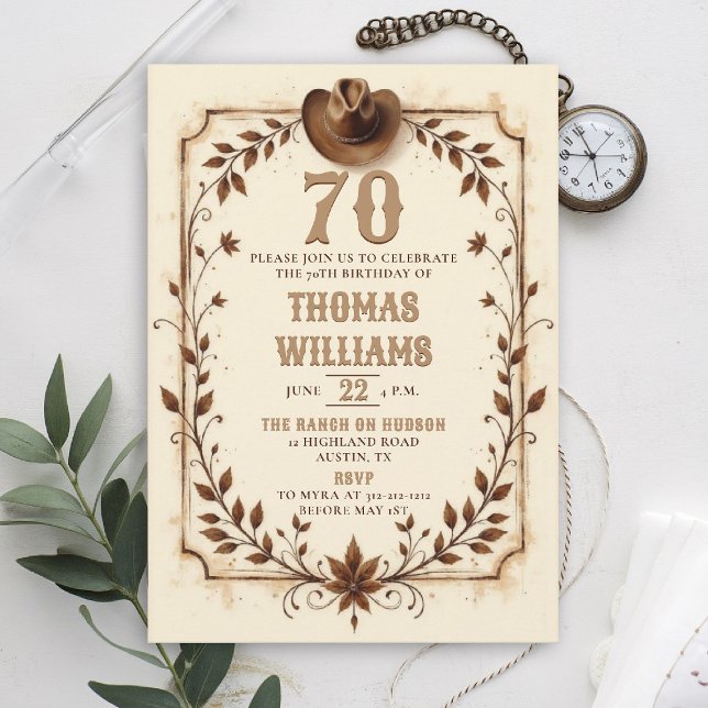 Vintage Rustic Cowboy Western Leaf 70th Birthday  Inbjudningar (cowboy birthday invitation men 70th rustic vintage country western botanical husband dad grandpa)