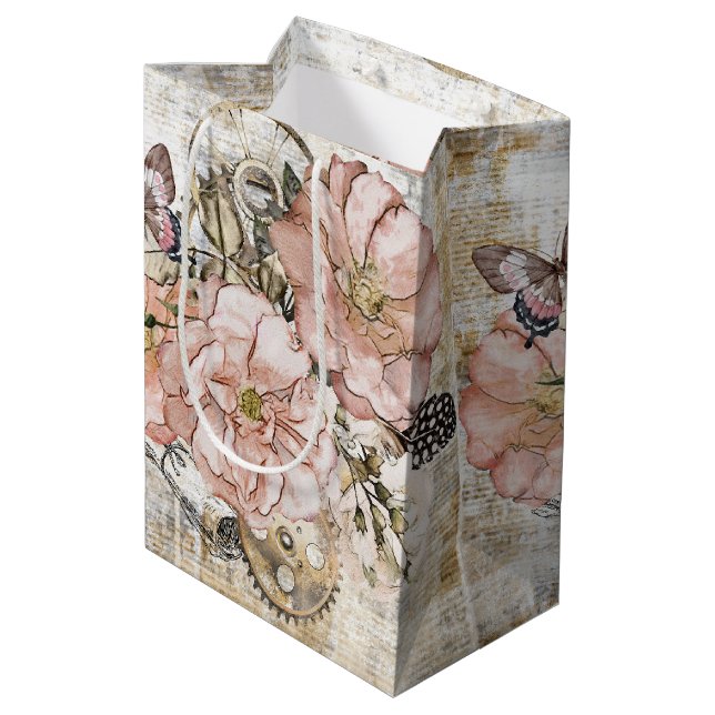 Vintage Rustic Ephemera Rosa Blommigt Gift Bag (Baksidan Vinklad)