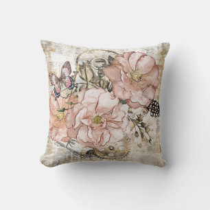 Vintage Rustic Ephemera Rosa Blommigt Kudde