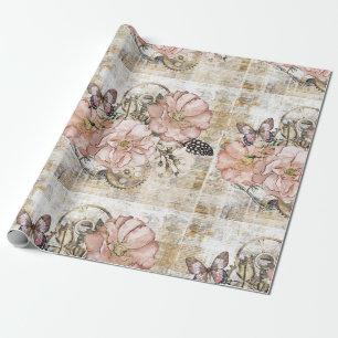 Vintage Rustic Ephemera Rosa Blommigt Presentpapper