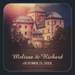 Vintage Rustic Fairytale Castle Favor Fyrkantigt Klistermärke<br><div class="desc">Elegant bröllop är för ett klistermärke som innehåller ett vackert slott mot en rustik lada-bakgrund.</div>