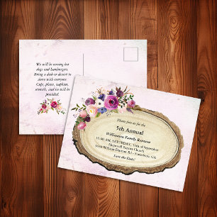 Vintage Rustic Family Reunion Blommigt Träd Slice Inbjudan Vykort