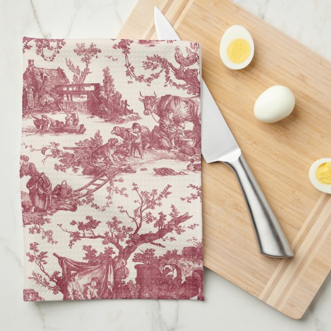 Vintage Rustic Farm Fransk Toile-Red & Tan Kökshandduk (Vikt i Fjärdedel)