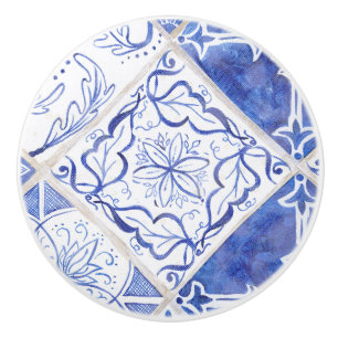 Vintage Rustic Farmhouse Löv Blue White Tiles Knopp