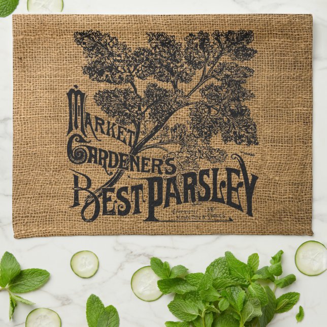 Vintage Rustic Faux Burlap Parsley Herb Sack Kökshandduk (Vikta)