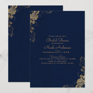 Vintage Rustic Glam Ros Blå & Guld Bröllopsdusch Inbjudningar