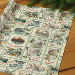 Vintage Rustic Holly-julkort Presentpapper<br><div class="desc">Festiv och färglös kollage med antika julkort med orustiska landskap,  hälsning,  blommor och holly med ljust grönt gräns. Mönster är sömlöst och kan byggas upp eller ned.</div>